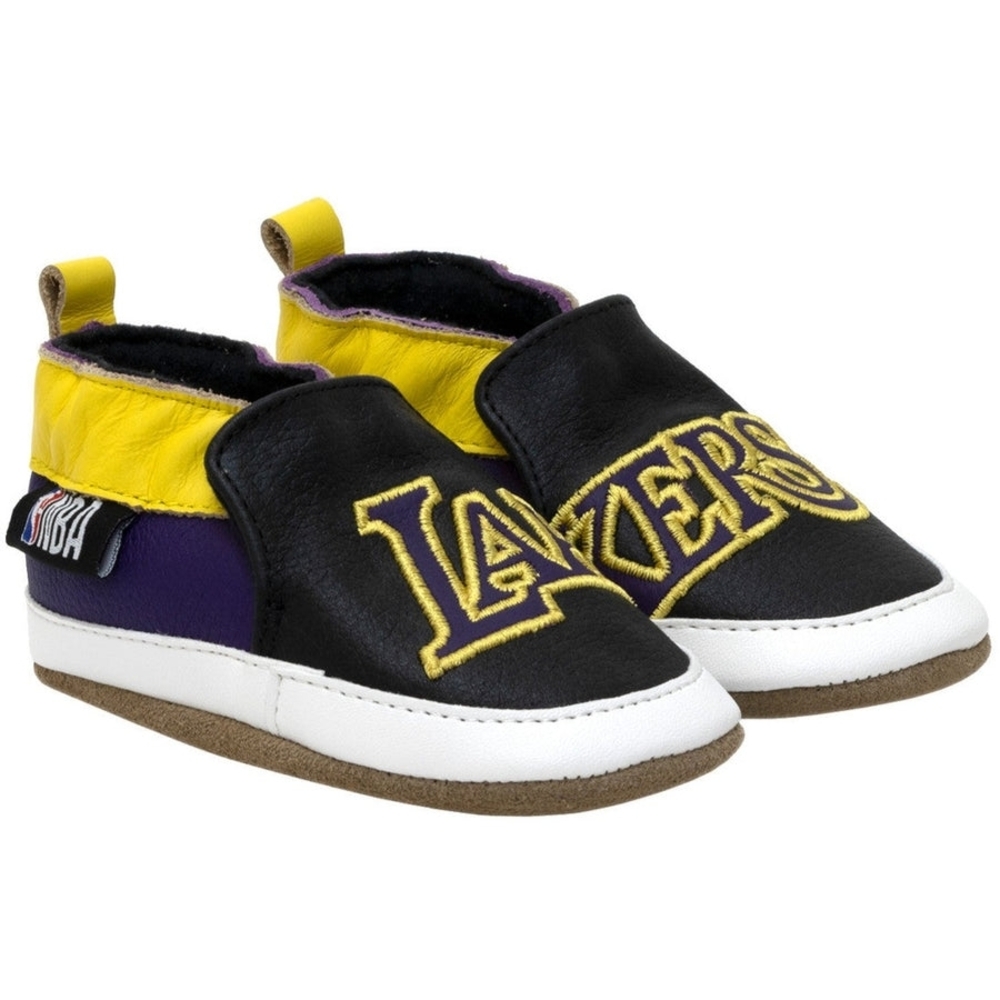Robeez NBA Kids Black and Yellow Leather LA Lakers Slip-On Crib Shoes. 6-12m EUC